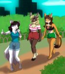  anthro antlers aurora_(fairdahlia) big_breasts blonde_hair blue_eyes bottomwear breasts brown_eyes brown_hair building canid canine canis capreoline cervid city clothed clothing cloud coyote cutoffs dahlia_(fairdahlia) denim denim_clothing domestic_cat felid feline felis female fluffy fluffy_tail friends fur grass group hair harper_(fairdahlia) hi_res hooves horn jeans mammal midriff missebony neck_tuft outside pants park plant purple_eyes reindeer shirt shorts shrub sky smile topwear tree tuft walking 