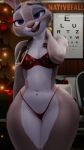  3d_(artwork) 9:16 anthro bedroom_eyes bra breasts christmas christmas_tree cleavage clothed clothing digital_media_(artwork) disney edit female fur fuzzy grey_body grey_fur half-closed_eyes hand_on_neck hi_res holidays judy_hopps lagomorph leporid mammal narrowed_eyes nativefall open_mouth panties photo_manipulation photomorph plant purple_eyes rabbit seductive small_breasts smile solo standing teeth thick_thighs tongue tree underwear wide_hips zootopia 