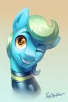  2021 2:3 absurd_res amber_eyes blue_body blue_fur bust_portrait clothed clothing english_text equid equine fan_character feral fur green_mane hasbro hi_res horse inner_ear_fluff jedayskayvoker looking_at_viewer male mammal mane my_little_pony one_eye_closed pony portrait sea_glow signature simple_background smile solo tan_background text tuft 