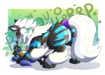  anthro arcanine big_tail black_body black_fur blue_body blue_fur burping butt duo eyewear feral fluffy fur glasses hi_res imminent_vore leo_(leocario) lucario male nintendo pinned pinned_to_floor pok&eacute;mon pok&eacute;mon_(species) size_difference trpcafterdark video_games white_body white_fur 