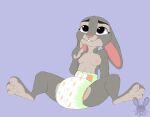  anthro breasts diaper disney female fur hi_res infantilism jaqrabbit_(artist) judy_hopps lagomorph leporid long_ears looking_up mammal multicolored_body multicolored_fur nipples pink_nose purple_eyes rabbit simple_background sitting smile solo spread_legs spreading teeth zootopia 