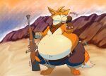  anthro bandit_hermit_(gunfire_reborn) belly big_belly bodily_fluids canid canine clothed clothing dawmino desert dipstick_tail eating eyes_closed food fox fur gloves gun gunfire_reborn handwear holding_food holding_gun holding_object holding_weapon male mammal meat_bun multicolored_tail navel neckerchief obese obese_anthro obese_male orange_body orange_fur outside overweight overweight_anthro overweight_male ranged_weapon rifle sand sniper_rifle solo sound_effects standing sweat sweatdrop thick_thighs torn_clothing video_games weapon weight_gain white_body white_fur wide_hips 