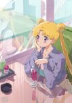  1girl ashtray bishoujo_senshi_sailor_moon blonde_hair blue_eyes blush cafe casual commentary_request cup dated day double_bun drinking_glass drinking_straw earrings elbow_rest eyebrows_visible_through_hair indoors jewelry long_hair long_sleeves looking_away neki_(wakiko) reflection sailor_moon signature sitting solo stud_earrings twintails window 