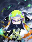  1girl agent_3_(splatoon) aramaki_spla artist_request bad_source bangs black_cape black_shorts blonde_hair cape closed_mouth gun headgear highres holding holding_gun holding_weapon inkling jacket long_hair long_sleeves looking_at_viewer orange_hair purple_eyes short_shorts shorts smile solo splatoon_(series) standing tentacle_hair upper_body weapon yellow_eyes yellow_jacket 