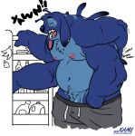  2021 4_arms alien antennae_(anatomy) anthro anthrofied back_markings back_spines belly blue_body blue_fur blue_nose bottomwear clothed clothing dipstick_antennae disney ear_piercing experiment_(lilo_and_stitch) eyes_closed flaccid food fridge fur genitals hi_res kamudragon lilo_and_stitch male markings multi_arm multi_limb multicolored_antennae navel nipples onomatopoeia open_mouth overweight overweight_anthro overweight_male partially_clothed penis penis_base piercing pink_nipples scratching shorts shorts_down simple_background solo sound_effects stitch_(lilo_and_stitch) text url white_background yawn 