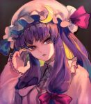  1girl crescent_hat_ornament face garan_co hand_in_hair hat highres long_hair looking_at_viewer mob_cap parted_lips patchouli_knowledge pink_headwear purple_eyes purple_hair solo touhou 