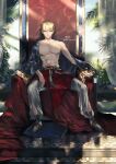  1boy abs blonde_hair collarbone earrings eyeshadow fate/stay_night fate_(series) floral_print gilgamesh highres jewelry looking_at_viewer makeup male_focus navel palm_tree pants red_eyes sakura_hitsuji shirtless signature sitting smile solo throne tree twitter_username white_pants 