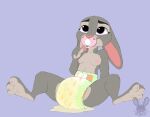  anthro bodily_fluids breasts diaper disney female fur genital_fluids hi_res infantilism jaqrabbit_(artist) judy_hopps lagomorph leaking_diaper leporid long_ears looking_up mammal multicolored_body multicolored_fur nipples pacifier peeing pink_nose puddle purple_eyes rabbit simple_background sitting smile solo spread_legs spreading teeth urine urine_pool wet_diaper wetting zootopia 