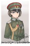  1girl black_eyes bob_cut breast_pocket brown_hair epaulettes expressionless german_text germany hat highres medal military military_uniform peaked_cap pocket pzkpfwi reichswehr short_hair uniform visible_ears 