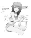 1girl andou_(girls_und_panzer) bangs bar casual check_translation commentary cup cutoffs dark_skin dark_skinned_female drinking_glass elbow_rest eyebrows_visible_through_hair girls_und_panzer greyscale looking_at_viewer medium_hair messy_hair midriff monochrome navel open_mouth short_shorts shorts sitting solo stool tan3charge tank_top translation_request 