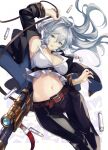  1girl ahoge arm_up armpits bangs belt belt_buckle black_coat black_pants braid breasts buckle cleavage coat commentary crop_top crossed_bangs feet_out_of_frame floating_hair granblue_fantasy green_eyes gun hair_between_eyes highres large_breasts long_hair long_sleeves looking_at_viewer midriff navel nos open_clothes open_shirt pants rifle shell_casing shirt silva_(granblue_fantasy) sleeveless sleeveless_shirt sniper_rifle solo twin_braids weapon white_shirt 
