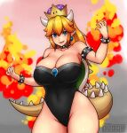  1girl absurdres artist_name bare_shoulders black_collar black_leotard blue_eyes blush bowsette bracelet breasts cleavage collar crown earrings erkaz fangs hair_between_eyes hands_up highres horns huge_breasts jewelry leotard mario_(series) new_super_mario_bros._u_deluxe pointy_ears solo spiked_armlet spiked_bracelet spiked_collar spiked_shell spiked_tail spikes strapless strapless_leotard super_crown tail turtle_shell 