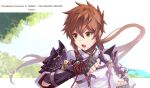  1girl absurdres armor brown_hair gloves hair_ribbon hey_cre highres long_hair lora_(xenoblade) open_mouth parted_lips pauldrons red_hair ribbon short_hair shoulder_armor solo xenoblade_chronicles_(series) xenoblade_chronicles_2 xenoblade_chronicles_2:_torna_-_the_golden_country yellow_eyes 
