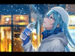  aqua_eyes aqua_hair blush hat hatsune_miku long_hair scarf snow tagme_(artist) twintails vocaloid 