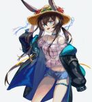  1girl :d amiya_(arknights) animal_ears arknights ascot black_coat blue_choker blue_shorts bra_strap brown_hair bunny_ears choker clothes_lift coat commentary_request eyewear_on_headwear feet_out_of_frame flower green_eyes hat hat_flower highres jewelry long_hair long_sleeves looking_at_viewer off-shoulder_shirt off_shoulder open_clothes open_coat open_mouth plaid plaid_skirt ponytail rabbit_girl shirt shorts sidelocks simple_background skirt smile solo spacelongcat standing sunglasses thighlet white_background 
