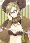  1girl adjusting_eyewear arm_guards armor bangs body_blush bra breasts brown_bra closed_mouth commentary_request cover cover_page doujin_cover ear_piercing genetic_(ragnarok_online) glasses goat_horns green_eyes green_hair horned_headwear horns jewelry living_clothes looking_at_viewer medium_breasts navel pauldrons piercing ragnarok_online rectangular_eyewear ring short_hair shoulder_armor smile solo strapless strapless_bra striped striped_background teeth underwear upper_body yutsuki 