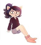  2021 anthro arkeus blue_hair bottomwear cartoon_hangover claire_(the_summoning) clothing domestic_cat felid feline felis female food footwear hair hi_res hoodie mammal notched_ear pocky ponytail shorts simple_background sitting socks solo the_summoning topwear white_background 
