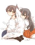  2girls akagi_(kantai_collection) angel_wings black_eyes black_hair blush brown_hair commentary_request feathered_wings feathers kaga_(kantai_collection) kantai_collection leaning_on_person long_hair multiple_girls one_eye_closed rebecca_(keinelove) short_hair side_ponytail sitting smile sweat white_wings wings 