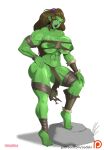  2019 abs bandeau big_breasts bottomwear breasts brown_hair clothing ear_piercing eyeshadow female genitals green_body green_skin hair hi_res humanoid humanoid_pointy_ears lips loincloth makeup muscular muscular_female muscular_humanoid nipples not_furry orc patreon piercing pussy rock simple_background solo text thick_lips topwear torn_clothing tusks url white_background yellow_eyes zedeki 