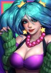  1girl :d arcade_sona bare_shoulders bead_necklace beads bikini blue_eyes blue_hair blue_nails breasts cleavage earrings eyelashes eyeliner fingernails green_jacket hair_ornament hand_up highres jacket jewelry large_breasts league_of_legends long_hair looking_at_viewer makeup nail_polish necklace open_mouth purple_bikini signature sleeves_past_wrists smile solo sona_buvelle sparrowl star_(symbol) star_earrings star_hair_ornament swimsuit twintails upper_body 