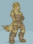  2012 3:4 adventurer anthro armor belt belt_buckle big_breasts blonde_hair boots breasts brown_body brown_fur cleavage clothed clothing cuisse druid female flower flower_crown fluffy fluffy_tail footwear fur gloves gnoll hair handwear hyaenid lonelyworld magic_user mammal mane narrowed_eyes plant rerebrace ria_(gnoll) skimpy_armor smile smirk solo thick_thighs tribal_spellcaster 