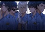  5boys absurdres adjusting_clothes adjusting_eyewear adjusting_gloves amuro_tooru bangs black_hair blonde_hair blue_eyes blue_shirt buttons chitose_(chitose_70207) cigarette closed_mouth collared_shirt column_lineup commentary_request date_wataru dress_shirt english_text gloves grin hagiwara_kenji hair_between_eyes hand_up highres holding holding_cigarette letterboxed looking_at_viewer male_focus matsuda_jinpei meitantei_conan mouth_hold multiple_boys parted_lips police police_uniform policeman scotch_(meitantei_conan) serious shirt short_hair smile smirk smoke smoking sunglasses teeth uniform upper_body white_background white_gloves 