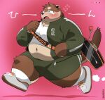  2021 anthro belly blush bodily_fluids bottomwear brown_body brown_fur canid canine canis clothing domestic_dog fur hi_res japanese_text kemono male mammal navel overweight overweight_anthro overweight_male shirt shorts solo tears text topwear uokkom 