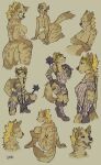  2017 adventurer armor belt belt_buckle blonde_hair boots breasts brown_body brown_fur brown_nose cleavage clothed clothing crouching cuisse determined druid eyes_closed female fighting_pose flower flower_crown fluffy fluffy_tail footwear fur gloves gnoll grin hair handwear happy hi_res hyaenid knees_pulled_up looking_at_viewer looking_up mace magic_user mammal mane melee_weapon plant pose reilukah rerebrace ria_(gnoll) sitting sketch_page smile solo tribal_spellcaster weapon 