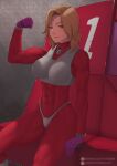  1girl abs blonde_hair bodysuit breasts clenched_hand closed_mouth commission eyebrows_visible_through_hair f-zero gloves hand_up highres looking_at_viewer medium_breasts monique_l&#039;amoreaux patreon_username purple_eyes purple_gloves putcher red_bodysuit short_hair sitting solo 