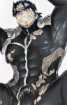  1boy arm_hair bara black_bodysuit blue_eyes blurry_foreground blush body_hair bodysuit bulge chest_hair covered_abs covered_navel covered_nipples dark_blue_hair facial_hair fishnets flaccid forehead_protector forked_eyebrows gammei_(live_a_hero) hair_strand hairy highres isuke live_a_hero looking_at_viewer male_focus muscular pectorals penis_peek short_hair sideburns simple_background skin_tight solo spread_legs stubble thick_thighs thighs tied_hair torn_bodysuit torn_clothes undercut 