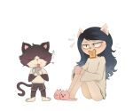  2020 anthro arkeus blue_hair bottomwear cartoon_hangover claire_(the_summoning) clothing cup domestic_cat duo eating edgar_(the_summoning) felid feline felis female hair male mammal panties shorts simple_background slippers the_summoning underwear white_background 