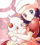  1girl alcremie alcremie_(strawberry_sweet) apron blue_eyes blush character_name closed_mouth commentary_request cupcake dawn_(pokemon) dress eyelashes food gen_8_pokemon hair_ornament hairclip hat highres holding holding_pokemon long_hair looking_at_viewer okoge_(simokaji) pokemon pokemon_(creature) pokemon_(game) pokemon_masters_ex red_dress shiny short_sleeves signature smile star_(symbol) 