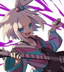  1girl bass_guitar blue_eyes blush collarbone commentary_request dress grey_hair gym_leader hair_bobbles hair_ornament hands_up holding holding_instrument holding_plectrum instrument medium_hair open_mouth pokemon pokemon_(game) pokemon_bw2 roxie_(pokemon) smile solo striped striped_dress teeth tongue topknot tpi_ri two-tone_dress upper_body 