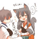  2girls akagi_(kantai_collection) animal_ears black_hair blush brown_hair cat_ears cat_tail closed_eyes commentary_request kaga_(kantai_collection) kantai_collection long_hair lowres multiple_girls muneate open_mouth rebecca_(keinelove) short_hair side_ponytail smile tail translation_request 