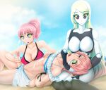  1boy 2girls andra_(lewd-zko) androgynous android arms_behind_back astolfo_(fate) beach bikini breasts crossdressing crystal_(lewd-zko) cum cum_on_body cum_on_breasts cum_on_hair doll_joints earrings erection expressionless facial fate/grand_order fate_(series) femdom handjob highres hypnohub hypnosis jewelry joints lap_pillow large_breasts lewd-zko long_hair mind_control multiple_girls open_mouth original otoko_no_ko penis ponytail ringed_eyes robot saliva short_hair swimsuit 