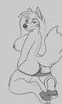  3:5 anthro anus big_breasts black_and_white breasts butt canid canine canis clothing digital_media_(artwork) facial_piercing feet female genitals hair hi_res hindpaw kida_howlette kida_howlette_(character) lip_piercing looking_at_viewer mammal monochrome nipple_piercing nipples nude panties pawpads paws piercing pulling_underwear_down pussy raised_tail side_boob side_view simple_background smile solo spread_legs spreading toes underwear wolf 