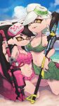  +_+ bangs beach bikini black_hair blue_sky bracelet breasts brown_eyes callie_(splatoon) carbon_roller_(splatoon) cleavage closed_mouth cloud cloudy_sky commentary cousins day domino_mask earrings english_commentary food food_on_head frilled_bikini frills green_bikini green_nails green_sarong grey_hair hero_charger_(splatoon) highres holding holding_weapon horizon jewelry long_hair looking_at_viewer marie_(girls_und_panzer) mask medium_breasts mole mole_under_eye nail_polish navel object_on_head ocean open_mouth outdoors pointy_ears prat_rat purple_bikini purple_hair purple_nails sarong short_hair sky smile splatoon_(series) squatting sushi swept_bangs swimsuit tentacle_hair tied_hair very_long_hair weapon 