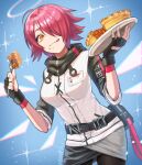  1girl :q apple_pie arknights bangs belt black_belt black_gloves blue_background breasts brown_eyes commentary cowboy_shot exusiai_(arknights) fingerless_gloves food food_on_face fork gloves hair_over_one_eye halo hands_up high_collar holding holding_food holding_fork id_card jacket looking_at_viewer medium_breasts memetaroh pie pouch raglan_sleeves red_hair short_hair short_sleeves signature solo standing tongue tongue_out white_jacket wings 