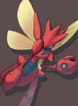 brown_background bug commentary_request covering_one_eye dutch_angle gen_2_pokemon highres kuugen no_humans pincers pokemon pokemon_(creature) scizor solo yellow_eyes 