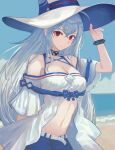  1girl adjusting_clothes adjusting_headwear arknights bangs bare_shoulders beach black_choker blue_sky bracelet breasts choker cleavage commentary day hand_up highres infection_monitor_(arknights) jewelry long_hair looking_at_viewer medium_breasts midriff navel ocean off-shoulder_shirt off_shoulder red_eyes shirt short_sleeves silver_hair skadi_(arknights) skadi_(riding_waves)_(arknights) sky smile solo stomach tanya_(1101117168) upper_body very_long_hair water white_headwear white_shirt 