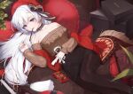  1girl aran_sweater azur_lane bangs bare_shoulders bed_sheet belfast_(shopping_with_the_head_maid)_(azur_lane) black_bow black_legwear black_skirt bow breasts brown_sweater cleavage collarbone earrings eyebrows_visible_through_hair feet_out_of_frame food hair_bow heart heart_pillow high-waist_skirt hoop_earrings hu_kotora jewelry large_breasts long_hair looking_at_viewer low-tied_long_hair lying mouth_hold nail_polish off-shoulder_sweater off_shoulder on_back on_bed pantyhose parted_lips pillow pocky purple_eyes red_nails ribbon shoebox silver_hair skirt smile solo sweater white_ribbon 