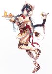  1girl :o absurdres acco_(sh_in) animal_ears bangs black_hair blue_hair breasts brown_legwear cat_ears cat_girl cat_paws cat_tail cleavage drink eyebrows_visible_through_hair food fruit fruits_fulcute! full_body gradient_hair hair_ornament hairclip hand_up highres holding holding_plate ice_cream leg_up long_hair looking_at_viewer maid_headdress multicolored_hair orange orange_(fruits_fulcute!) orange_slice parted_lips paws plate red_eyes red_ribbon ribbon simple_background solo sweets tail tail_ornament tail_raised tail_ribbon thighhighs white_background white_legwear 