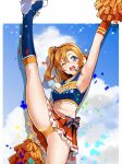  1girl ;d armpits blue_eyes blue_footwear blue_sky boots breasts cheerleader clothes_writing cloud commentary_request day hair_between_eyes hair_ornament highres kousaka_honoka leg_up looking_at_viewer love_live! love_live!_school_idol_project medium_breasts midriff nakano_maru navel one_eye_closed open_mouth orange_buruma orange_hair pom_poms red_skirt short_hair side_ponytail skirt sky smile solo standing standing_on_one_leg star_(symbol) star_hair_ornament takaramonozu 