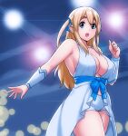  1girl amagi_brilliant_park blonde_hair blue_eyes blue_ribbon breasts cleavage cosplay cowboy_shot erkaz hair_ribbon hand_up k-on! kotobuki_tsumugi long_hair open_mouth ribbon short_shorts shorts solo sylphy_(amaburi) sylphy_(amaburi)_(cosplay) white_shorts 