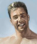  1boy 2013 absurdres billy_herrington blue_background dated eyebrows gachimuchi headshot highres looking_at_viewer male_focus manly oil_painting_(medium) realistic reference_work shade short_hair smile solo squinting symbol_commentary teeth umekawa_(artist) 
