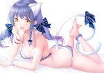  1girl animal_ears ankle_scrunchie ass bangs barefoot blue_bow blush bow bra breasts cat_ears cat_girl cat_tail character_request copyright_request eyebrows_visible_through_hair fang feet_up frilled_bra frills hair_bow hair_ornament hairclip head_rest light_purple_hair looking_at_viewer medium_breasts panties purple_bra purple_panties scrunchie skin_fang solo tail tail_bow tail_ornament thighs twintails underwear underwear_only white_background white_scrunchie wrist_scrunchie wrist_straps yellow_eyes zizi_(zz22) 