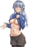  1girl black_legwear black_shorts blue_eyes blue_hair blue_sweater breasts closed_mouth clothes_lift cowboy_shot eyebrows_visible_through_hair gotland_(kantai_collection) groin hair_between_eyes highres kantai_collection kokuzou large_breasts lifted_by_self long_hair long_sleeves mole mole_under_eye navel ribbed_sweater shorts simple_background smile solo sweater sweater_lift thighhighs white_background 