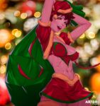  1girl abs arms_up arttoru blurry blurry_background bokeh breasts cleavage covered_nipples cowboy_shot depth_of_field green_bag hat highres kasugano_sakura medium_breasts open_mouth red_headwear santa_hat short_sleeves smile solo street_fighter toned 