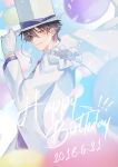  1boy absurdres arm_up balloon bangs blue_background blue_eyes blue_shirt brown_hair chitose_(chitose_70207) closed_mouth commentary_request confetti cropped_torso dated english_text formal from_side gloves hair_between_eyes hand_on_headwear happy_birthday hat highres jacket kaitou_kid looking_at_viewer magic_kaito male_focus monocle monocle_chain shirt short_hair smile solo suit top_hat upper_body white_gloves white_headwear white_jacket white_suit 
