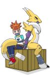  2:3 absurd_res alpha_channel armwear bdsm bondage bound breasts chest_tuft clothing crate digimon digimon_(species) duo elbow_gloves female gag gloves handwear hi_res human looking_at_viewer mammal renamon rika_nonaka ryuseihikari sitting tape tape_bondage tape_gag tuft under_boob 